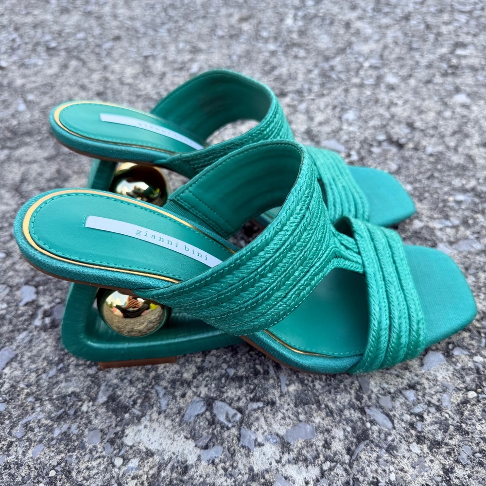 Gianni Bini Pate Palm Green Raffia Gold Ball Heel Slide Sandals Womens 8.5M - Picture 7 of 8
